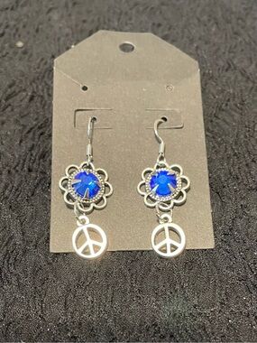 Silver Floral Earrings with Royal Blue Gemstone and Peace Charm